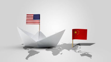 Haritada beyaz arka planda Amerikan bayrağı ve Çin bayrağı olan kağıt tekne. Amerika Birleşik Devletleri kavramı ile Çin arasındaki ticaret anlaşmazlığı veya ekonomik çatışma