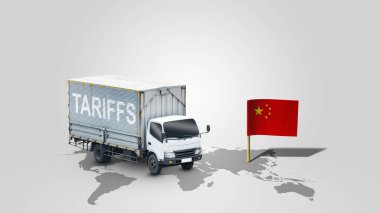Haritada beyaz arkaplanlı Çin bayrağı olan gümrük tarifesi yazılı bir kargo kamyonu. Amerika Birleşik Devletleri kavramı ile Çin arasındaki ticaret anlaşmazlığı veya ekonomik çatışma