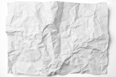 Beyaz arka planda izole edilmiş buruşmuş beyaz kağıt. Kırışık ve buruşuk kağıt yüzeyi. Boşluğu kopyala