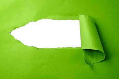 Yırtık yeşil kağıt beyaz bir arkaplan ortaya çıkarıyor. Boşluğu kopyala