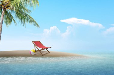 Plaj sandalyesi ve kumsalda renkli bir plaj topu. Adada okyanus manzaralı ve mavi gökyüzü olan bir palmiye ağacı. Yaz konsepti