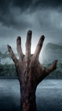 Topraktan kanlı bir yara almış, ay ışığında yükselen bir zombi eli. Şeytan, şeytan, şeytan ya da canavar eli gibi görünen bir el. Ürkütücü Cadılar Bayramı kavramı