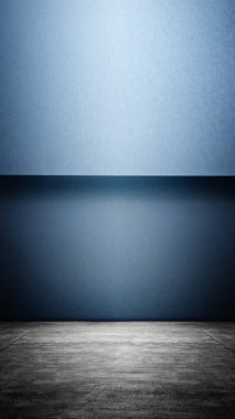 Modern ve minimalist bir stüdyonun içinde mavi bir duvar ve koyu bir zemin var. Boşluk oluştur ya da kopyala