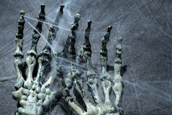 Человеческий скелет руки, покрытый паутиной. The human skull, devil, evil, or zombie skeleton. Сцена темноты и ужаса. Концепция Хэллоуина