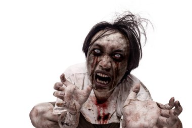 Beyaz arka planda yara ve kanla izole edilmiş korkunç bir erkek zombinin portresi. Ürkütücü bir ifade. Cadılar Bayramı ya da Korku kavramı