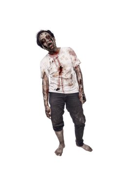 Beyaz arka planda yara ve kanla izole edilmiş korkunç bir erkek zombinin portresi. Ürkütücü bir ifade. Cadılar Bayramı ya da Korku kavramı