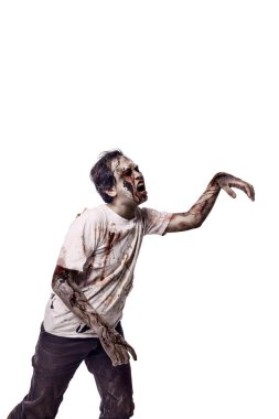 Beyaz arka planda yara ve kanla izole edilmiş korkunç bir erkek zombinin portresi. Ürkütücü bir ifade. Cadılar Bayramı ya da Korku kavramı