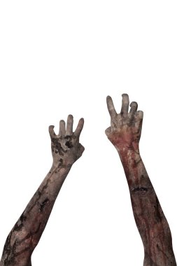 Zombilerin elleri yara ve kanla dolu beyaz bir arkaplan üzerinden izole edilmiş bir şeye ulaşmaya çalışıyorlar. Zombi, şeytan, şeytan, şeytan ya da canavar eli. Cadılar Bayramı ya da Korku kavramı