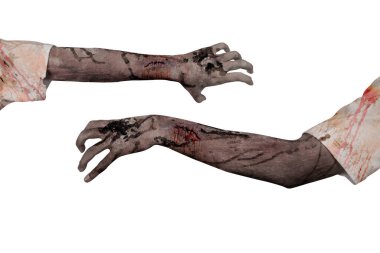 Zombilerin elleri yara ve kanla dolu beyaz bir arkaplan üzerinden izole edilmiş bir şeye ulaşmaya çalışıyorlar. Zombi, şeytan, şeytan, şeytan ya da canavar eli. Cadılar Bayramı ya da Korku kavramı