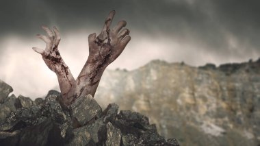 Kanlı ve yaralı zombi elleri kayalık mezarları delip geçiyor. Zombi, şeytan, şeytan, şeytan ya da canavar eli. Ürkütücü Cadılar Bayramı kavramı