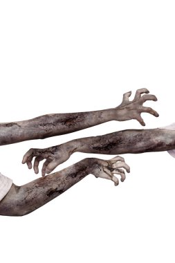 Zombilerin elleri yara ve kanla dolu beyaz bir arkaplan üzerinden izole edilmiş bir şeye ulaşmaya çalışıyorlar. Zombi, şeytan, şeytan, şeytan ya da canavar eli. Cadılar Bayramı ya da Korku kavramı