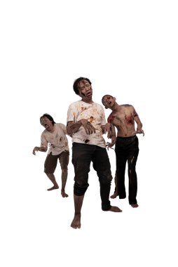 Üç Endonezya 'lı güneydoğu Asya' lı korkutucu erkek zombilerin portresi. Beyaz arka planda izole edilmiş yaraları ve kanları var. Ürkütücü bir ifade. Cadılar Bayramı ya da Korku kavramı