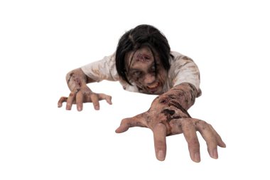 Endonezya 'nın güneydoğu Asya kökenli korkutucu erkek zombisinin portresi. Beyaz bir arka plan üzerinde yara ve kan izine rastlanmış. Ürkütücü bir ifade. Cadılar Bayramı ya da Korku kavramı