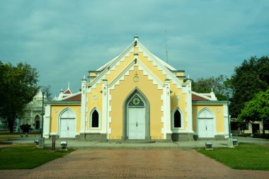Ayutthaya, Thailand. 07 January  2023, Wat Niwet Thammaprawat Ratchaworawihan Buddhist temple constructed on an island in 1878 in the Gothic Revival style of a Christian church.