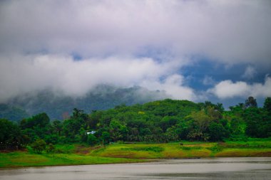 Bereketli yeşillik ve sis kaplı dağlarla çevrili sakin bir göl içeren sakin bir manzara. Yumuşak, dağınık ışık huzurlu ve ruhani bir atmosfer yaratır..