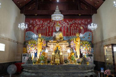 Daha küçük heykellerle çevrili ve çiçeklerle süslenmiş altın bir Buda heykelinin yer aldığı huzurlu ve ruhani bir sahne. Süslü detaylar ve sıcak ışık tapınağın içinde barışçıl bir atmosfer yaratıyor..