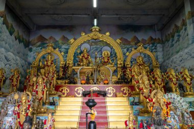 Muhteşem bir Hindu tapınağı sunağının yakından çekimi, özenle tasarlanmış altın heykeller ve canlı dekorasyonlar, dini bağlılığın ve kültürel zenginliğin özünü yakalıyor.