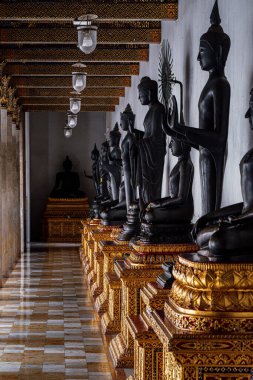 Tayland, 11 Ağustos 2024, Wat Benchamabophit Dusitwanaram, Sakin bir tapınakta altın üsleri olan siyah Buda heykellerinden oluşan sakin koridor