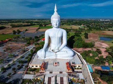 Tayland 'ın Ang Thong kentindeki Wat Muang arazisine uzanan devasa bir beyaz Buda heykeli, Nisan ayında mavi gökyüzü ve yemyeşil tarlalara karşı karmaşık ayrıntılar sergiliyor..