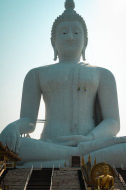 Yüksek beyaz Buda heykeli, açık bir Mart gününde Tayland 'ın Ang Thong kentindeki Wat Muang' ın manzarasına hakim olur..