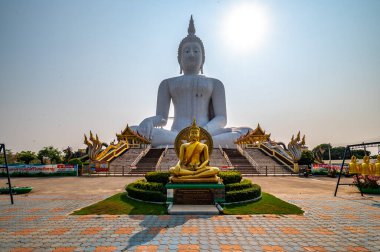 Mart 'ta Ang Thong, Tayland' daki Wat Muang 'da parlak güneş ışığı ve çevresini çevreleyen canlı yeşilliklerle süslenmiş çarpıcı beyaz Buda heykeli görkemli bir şekilde duruyor.