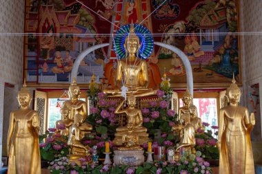 Nonthaburi, Tayland, 15 Mart 2025, İç Wat Chimphli Sutthawat gösterişli süslemeler ve sakin bir atmosferde altın heykeller sergiliyor.