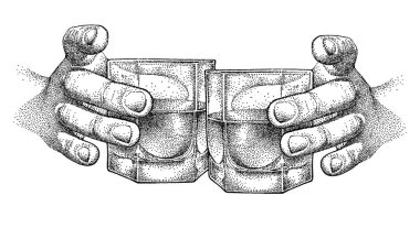 - Şerefe. Bir bardak alkolle iki el. Bir kadeh viski. Elle çizilmiş eskiz. İçki içme zamanı. Poster için vektör illüstrasyonu, partiye davet.
