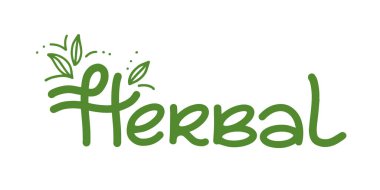 Herbal logo design. Hand-drawn lettering. Vector label for brand. Template calligraphy decorated simple green leaves.