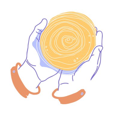 Scoby mushroom in human hands, for making kombucha tea. Fermented probiotic homemade drink. Healthy fungus drink. Flat cartoon style. Decorative hand-drawn vector, colored sketch.