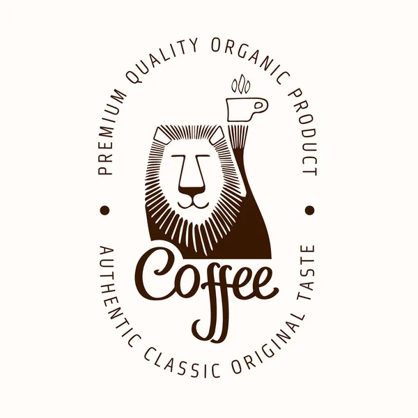 Szablon Logo Kawy Ikona Lwa Kubkiem Symbol Latte Aromat Znak — Wektor stockowy