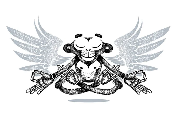 Мавпа Крилами Сидить Положенні Лотоса Зберігає Спокій Медитацію Вирівнює Дзен — стоковий вектор