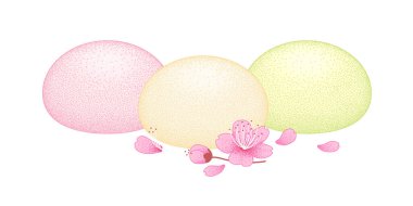 Beyaz arka planda sakura çiçeği ve taç yaprakları olan Mochi renkli bir koleksiyon. Bento mochi yemeği. Sağlıklı atıştırmalıklarla vektör illüstrasyonu. Geleneksel Japon tatlı tatlısı. Pirinç unu..