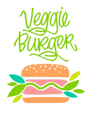 Sebze Burger ikonu, yazı, el yapımı etiket. Modern Kaligrafi ve bitkisel hamburger. Vektör İllüstrasyonu, vejetaryen kafe menüsü, afiş, poster.