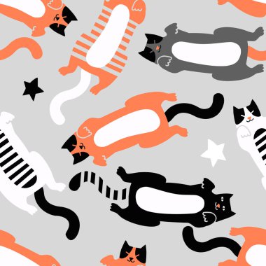 Yıldızlı sevimli tekir kedileri olan kusursuz bir desen. Komik evcil hayvan karakterleri. El çizimi vektör çizimi. Kumaş, tekstil, kağıt için iyi. Sevgili Kedicikler.