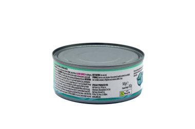 Irvine, Scotland, UK - February  02, 2023: Aldi branded The Fishmonger Tuna Chunks in spring water in a recyclable tin can and label displaying graphics related to the branded product