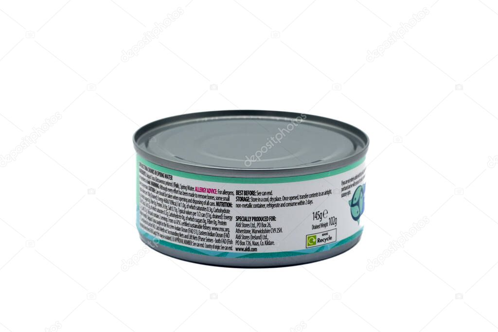 Irvine, Scotland, UK February 02, 2023 Aldi branded The Fishmonger Tuna Chunks in spring