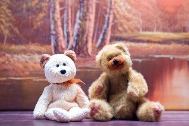 Küçük kahverengi ve bej renkli ayıcık arka planda sonbahar sahnesi olan bir bankta oturuyor..