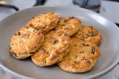 Gri Çin tabağında hindistan cevizi ve üzümlü kurabiye.