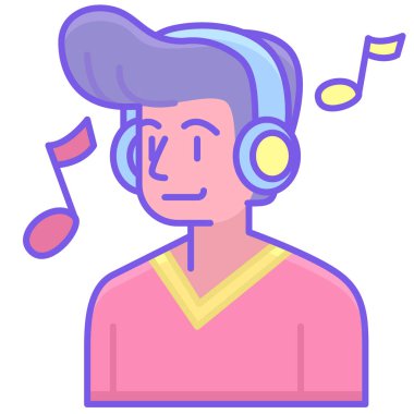 Kulaklık ve müzik vektörü çizimi olan bir adam.