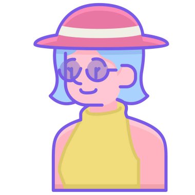 Beyaz arkaplanda güneş gözlüğü simgesi olan genç kız 