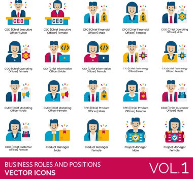 Business Roles and Positions Icons including Vector, Icons, Accountant, Administrator, Agent, Analyst, Assistant, Associate, Board, Directors, CCO, CEO, CFO, Chairman, CIO, CMO, Company, Consultant, COO clipart
