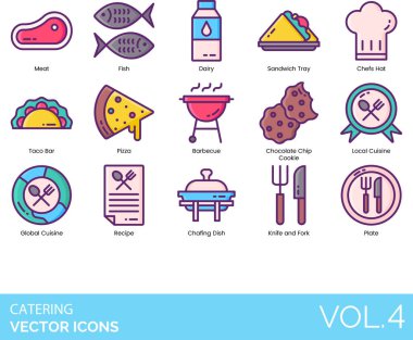 Catering Icons including Appetizer, Bar, Barbecue, Bartender, Beverage, Breakfast, Brunch, Buffet, Canape, Caterer, Catering, Contract, Fee, Chafing, Dish, Champagne, Glass, Chef, Hat, Chocolate, Chip clipart