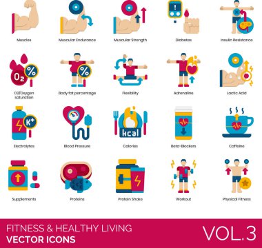 Fitness ve sağlıklı yaşam ikonları kas, kas dayanıklılığı, güç, diyabet, insülin direnci, oksijen doygunluğu, vücut yağ yüzdesi, esneklik, adrenalin, laktik asit, elektrolit, kan basıncı, kalori, beta-bloker, kafein