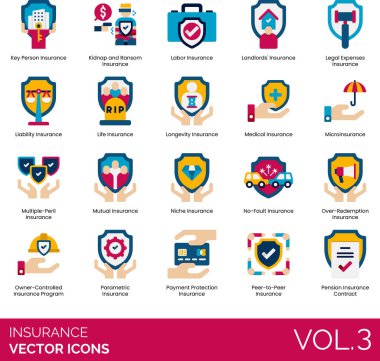 Insurance icons including key person, kidnap and ransom, labor, landlord, legal expenses, liability, life, longevity, medical, microinsurance, multiple-peril, mutual, niche, no-fault, over redemption, owner-controlled program, parametric, payment pro clipart