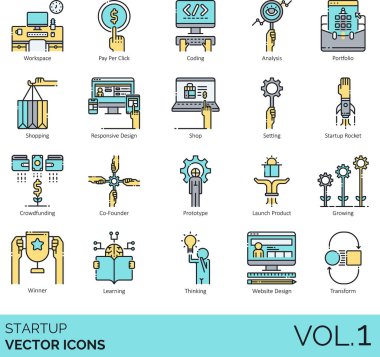 Startup icons including workspace, pay per click, coding, analysis, portfolio, responsive design, shop, setting, rocket, crowdfunding, co-founder, prototype, launch product, growing, winner, learning, thinking, website, transform. clipart