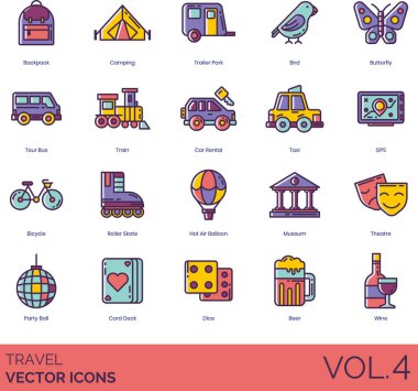 Seyahat simgeleri arasında sırt çantası, kamp, karavan parkı, kuş, kelebek, tur otobüsü, tren, araba kiralama, taksi, GPS, bisiklet, paten, sıcak hava balonu, müze, tiyatro, parti topu, kart güvertesi, zar,.