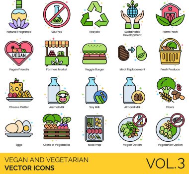 Vegan and Vegetarian Icons including Vegan Friendly, Market, Option, Product, Restaurant, Vegan, Vegetarian Option, Vegetarian Restaurant, Veggie Burger clipart