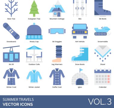 Kış mevsimi simgeleri arasında çıplak ağaç, Evergreen, dağ kulübesi, snowboard, yün şapka, gözlükler, 4x4 araç, kar aracı, kayak asansörü, açık kafe, bacak ısıtıcı, kar botları, şal, ceket, spor ceket, igloo, takvim.