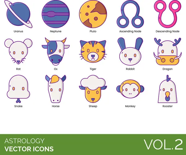 stock vector Astrology icons including uranus, neptune, pluto, ascending, descending node, rat, ox, tiger, rabbit, dragon, snake, horse, sheep, monkey, rooster.