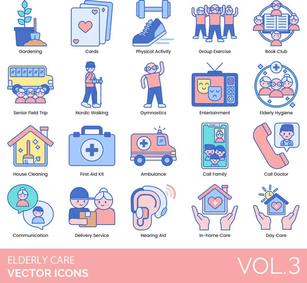 stock vector Elderly Care Icons Including Aging, Alzheimer's, Dementia, Ambulance, Assistance, Assisted, Living, Balanced, Diet, Book, Club, Call, Button, Doctor, Family, Cards, Caregiver, Checkup, Communication
